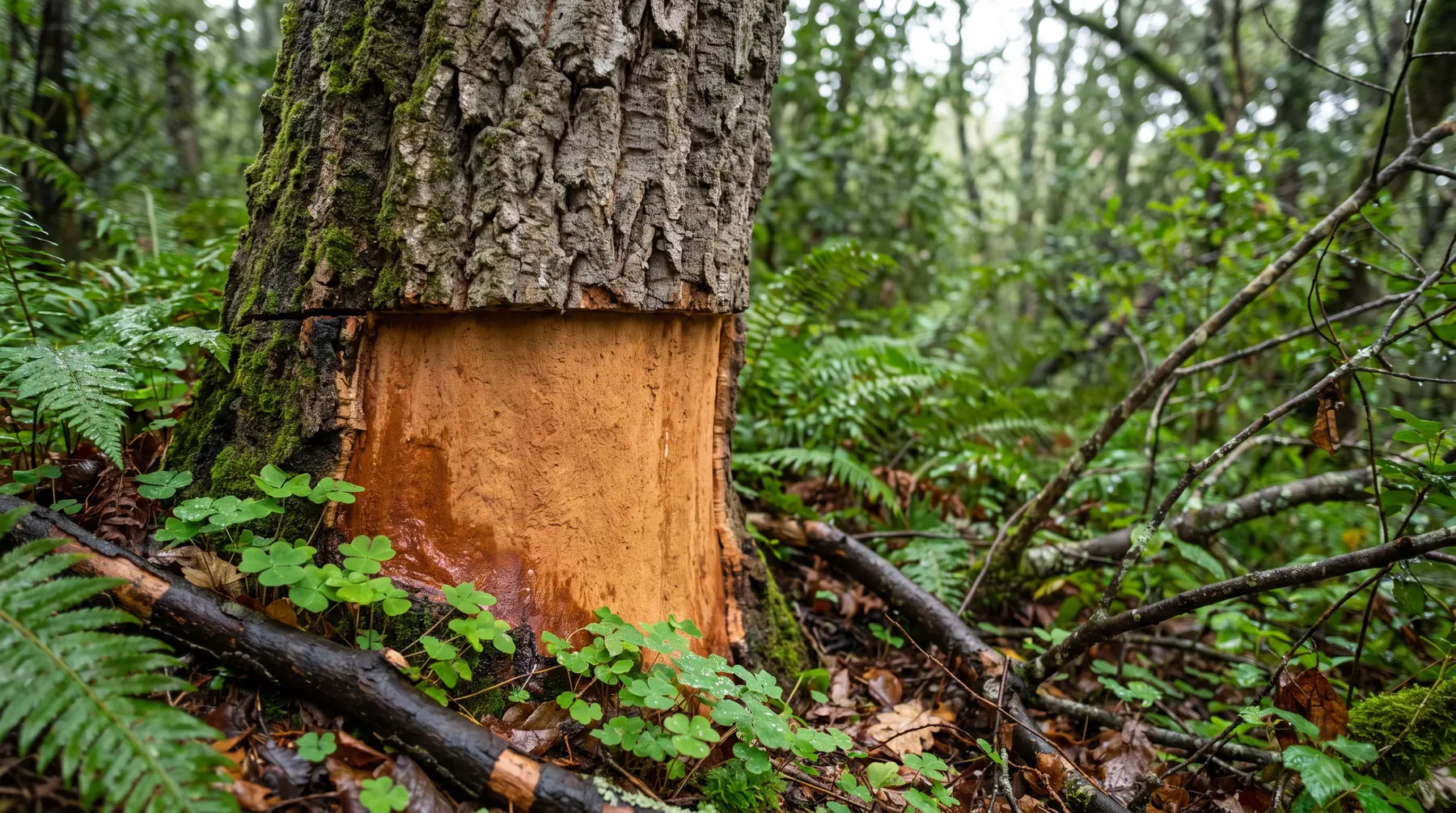 Un tronc de chêne-liège dont l’écorce vient d’être levée, en sous-bois : le bois nu, ocre, sous l’écorce restée en place.