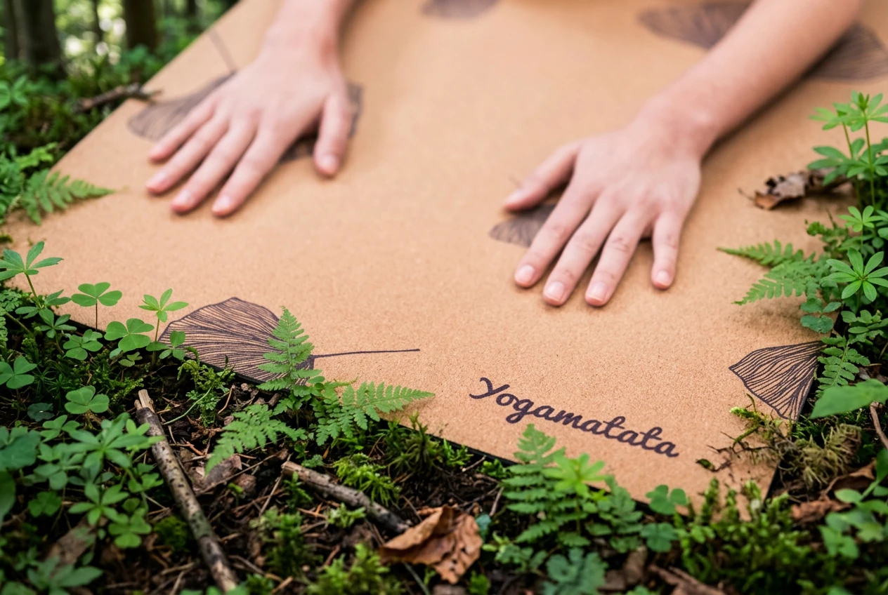 Mains posées à plat sur un tapis de yoga en liège Yogamatata, motif ginkgo, déroulé sur la mousse d'un sous-bois